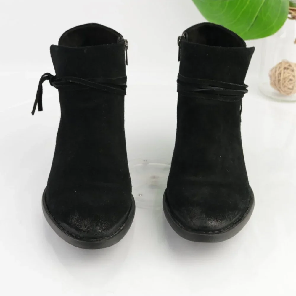 Born Womens Isobelle Boots Size 10 Black Suede Distresed Booties Low Heel Fringe